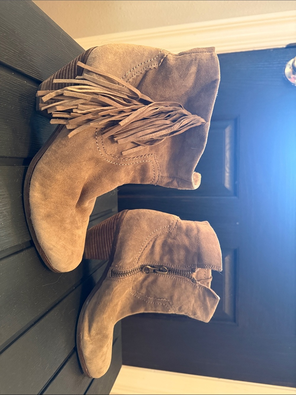 Sam Edelman Louie Taupe Suede Fringe Ankle Booties